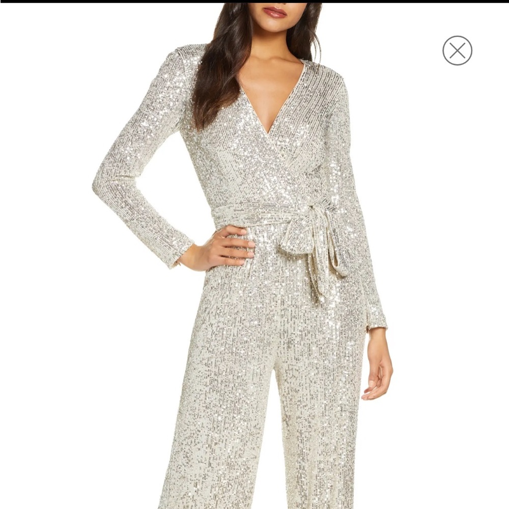 Eliza J sparkle sequin wrap jumpsuit silver